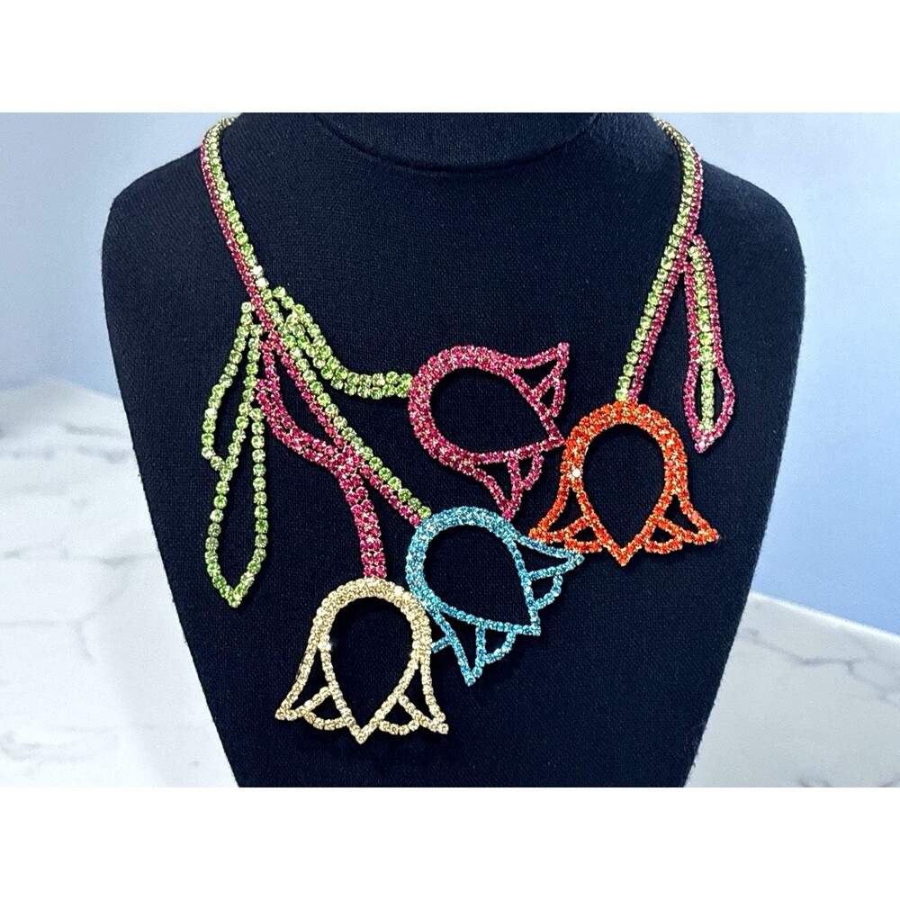 Natasha Flower Statement Necklace Rhinestone Runway Bold Colorful Spring NEW